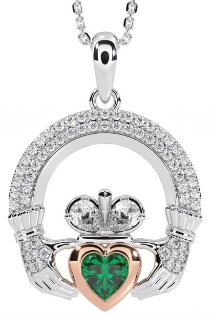 Diamond Emerald Rose Gold Silver Claddagh Necklace