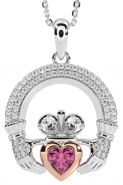 Diamond Pink Tourmaline Rose Gold Silver Claddagh Necklace