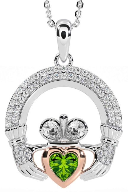 Diamond Peridot Rose Gold Silver Claddagh Necklace