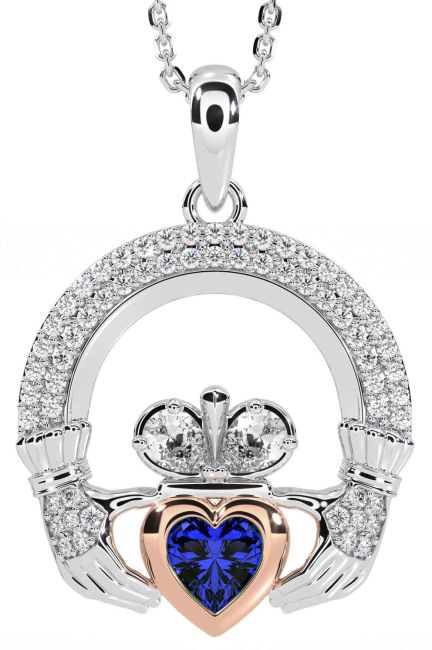 Diamond Sapphire Rose Gold Silver Claddagh Necklace