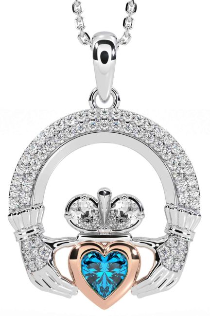 Diamond Topaz Rose Gold Silver Claddagh Necklace