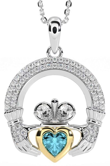 Diamond Aquamarine Gold Silver Claddagh Necklace