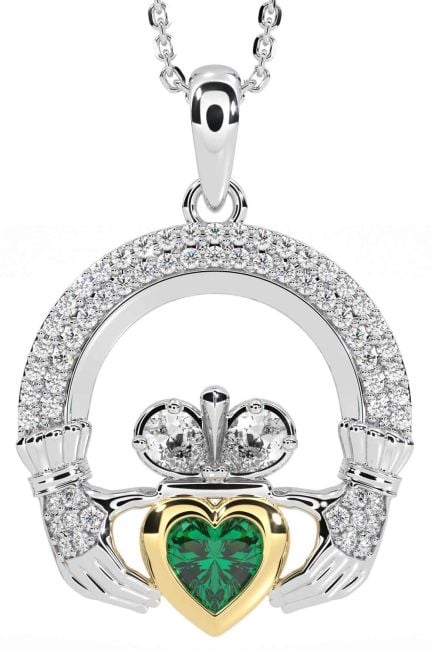 Diamond Emerald Gold Silver Claddagh Necklace
