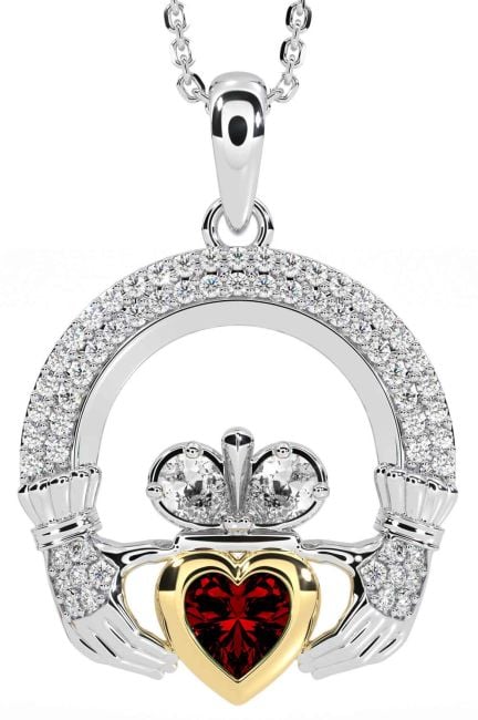 Diamant Granaat Goud Zilver Claddagh Halsketting