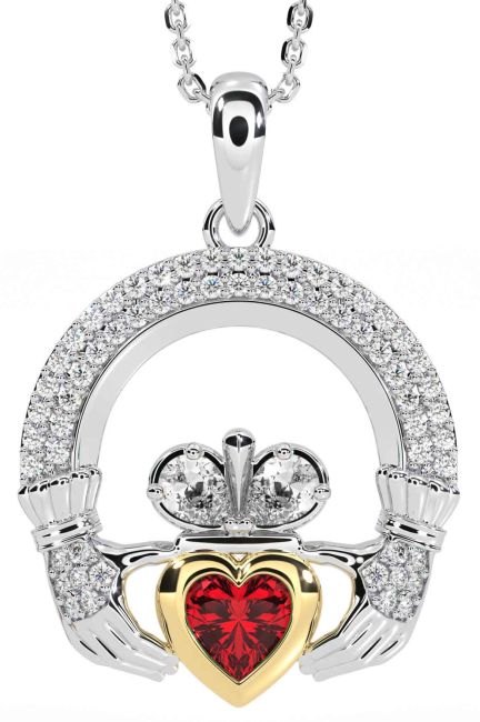 Diamond Ruby Gold Silver Claddagh Necklace