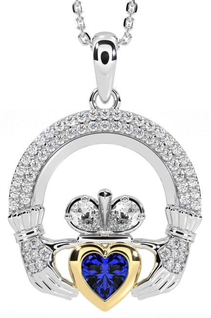 Diamond Sapphire Gold Silver Claddagh Necklace