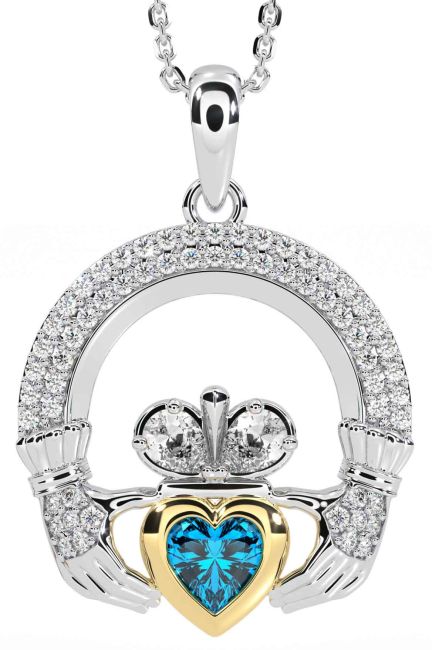 Diamond Topaz Gold Silver Claddagh Necklace