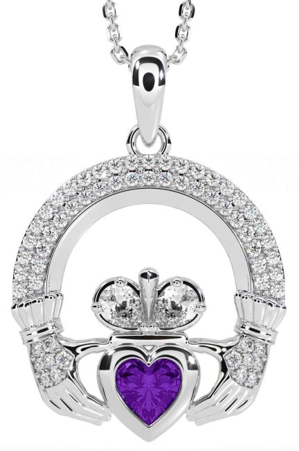 Diamond Amethyst White Gold Claddagh Necklace