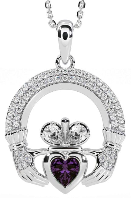 Diamond Alexandrite White Gold Claddagh Necklace