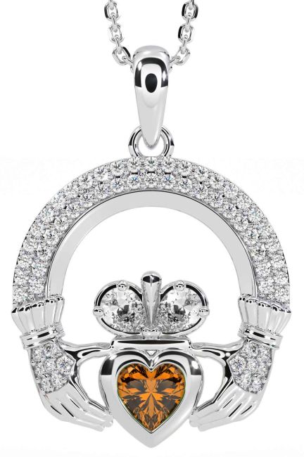 Diamond Citrine White Gold Claddagh Necklace