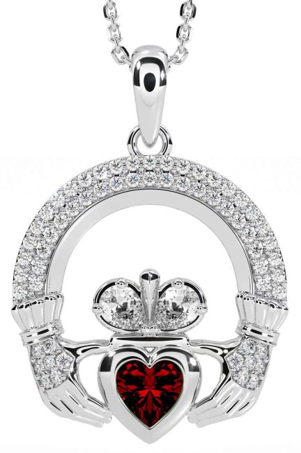 Diamond Garnet White Gold Claddagh Necklace