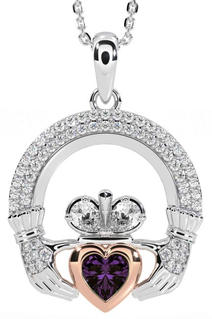 Diamond Alexandrite White Rose Gold Claddagh Necklace