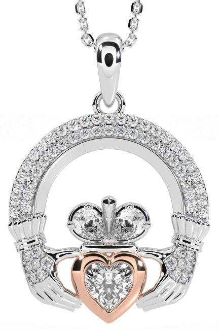 Diamond White Rose Gold Claddagh Necklace