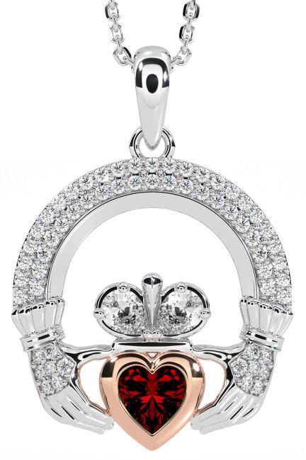 Diamant Granat Weiß Rose Gold Claddagh Halskette