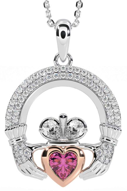 Diamond Pink Tourmaline White Rose Gold Claddagh Necklace