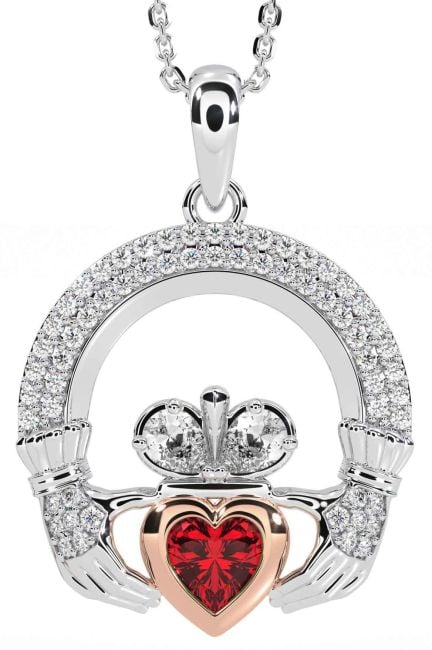 Diamond Ruby White Rose Gold Claddagh Necklace