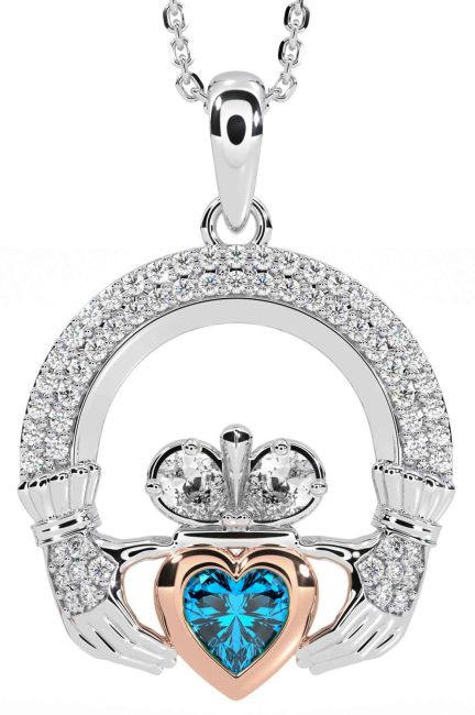 Diamond Topaz White Rose Gold Claddagh Necklace