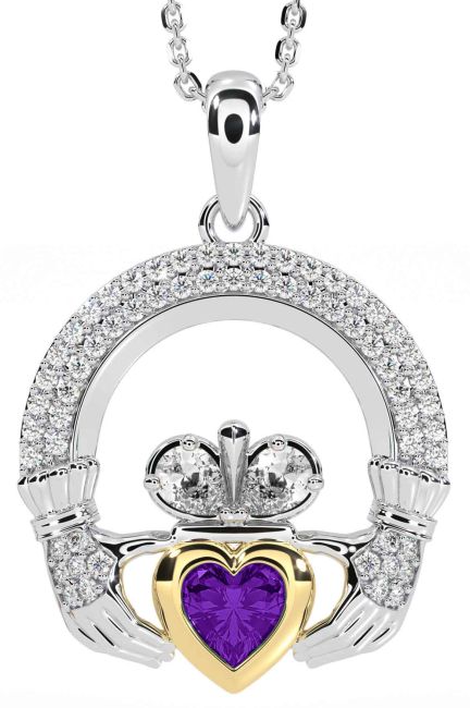 Diamond Amethyst White Yellow Gold Claddagh Necklace