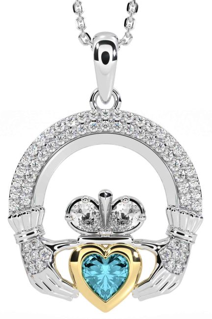 Diamond Aquamarine White Yellow Gold Claddagh Necklace