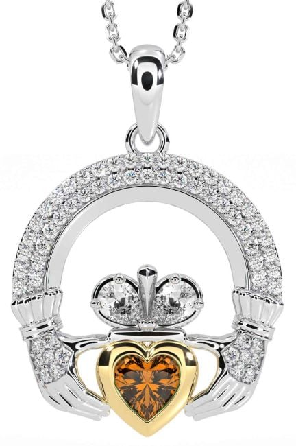Diamond Citrine White Yellow Gold Claddagh Necklace