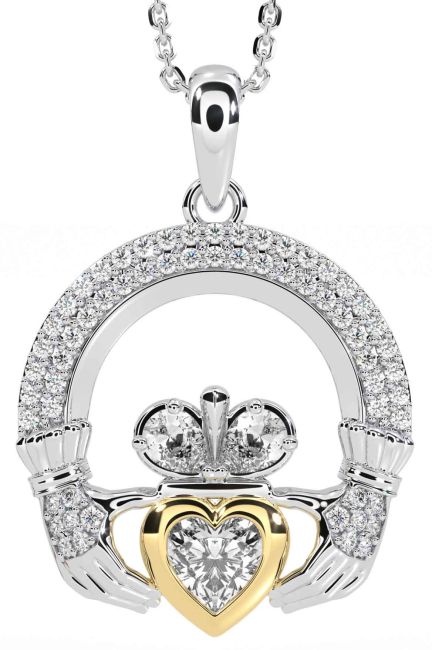 Diamond White Yellow Gold Claddagh Necklace