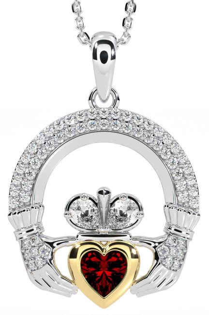 Diamond Garnet White Yellow Gold Claddagh Necklace