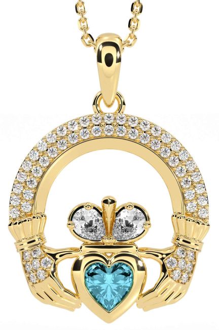 Diamond Aquamarine Gold Claddagh Necklace