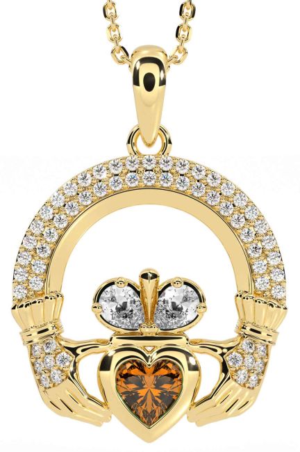 Diamond Citrine Gold Claddagh Necklace