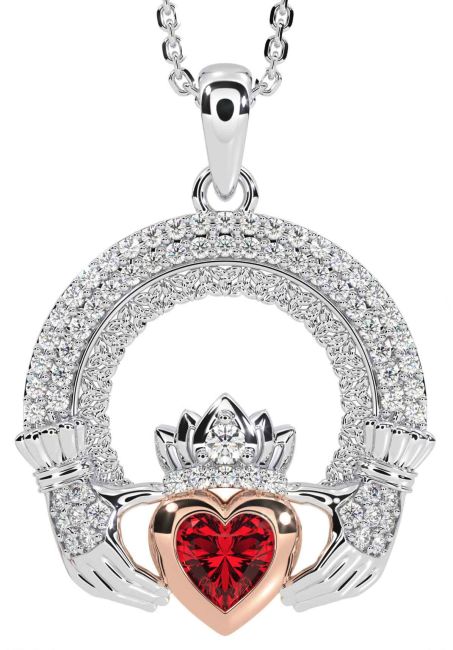 Diamond Ruby Rose Gold Silver Claddagh Celtic Trinity Knot Necklace