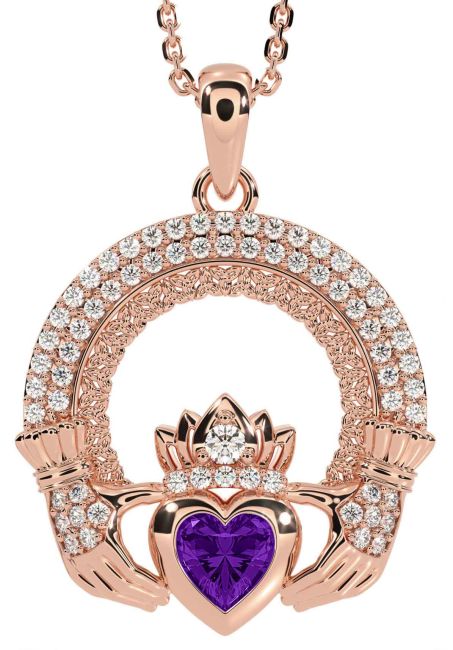 Diamond Amethyst Rose Gold Silver Claddagh Celtic Trinity Knot Necklace