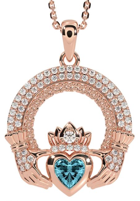 Diamond Aquamarine Rose Gold Silver Claddagh Celtic Trinity Knot Necklace
