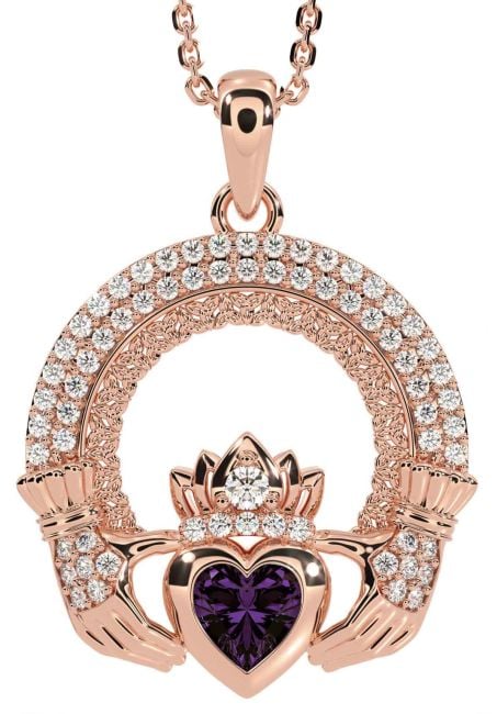 Diamond Alexandrite Rose Gold Silver Claddagh Celtic Trinity Knot Necklace