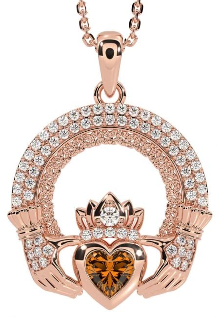Diamond Citrine Rose Gold Silver Claddagh Celtic Trinity Knot Necklace