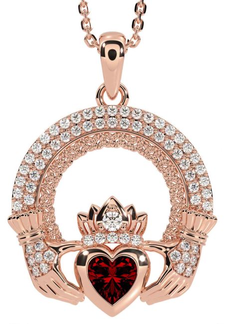 Diamond Garnet Rose Gold Silver Claddagh Celtic Trinity Knot Necklace