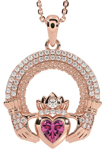 Diamond Pink Tourmaline Rose Gold Silver Claddagh Celtic Trinity Knot Necklace