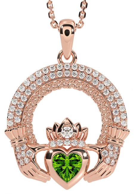 Diamond Peridot Rose Gold Silver Claddagh Celtic Trinity Knot Necklace