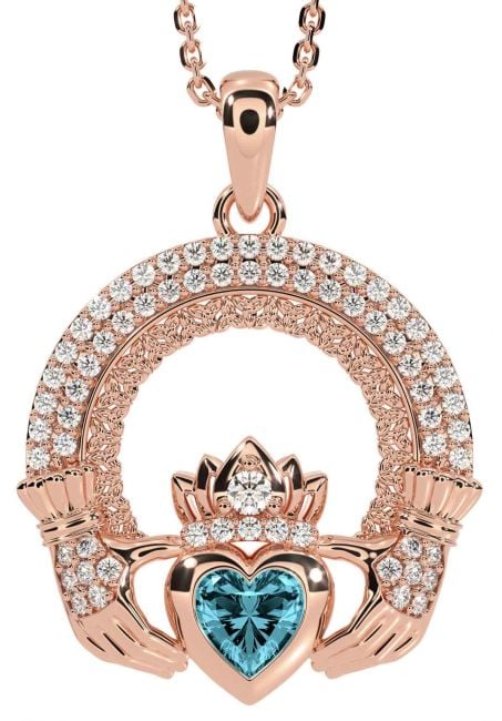 Diamond Aquamarine Rose Gold Claddagh Celtic Trinity Knot Necklace