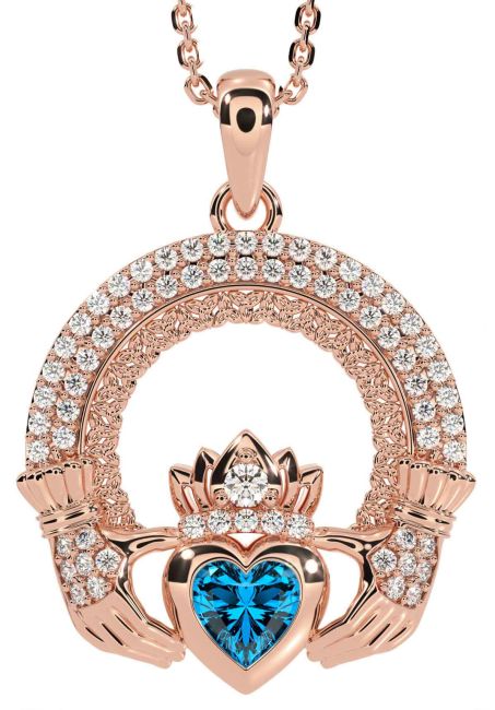 Diamond Topaz Rose Gold Claddagh Celtic Trinity Knot Necklace