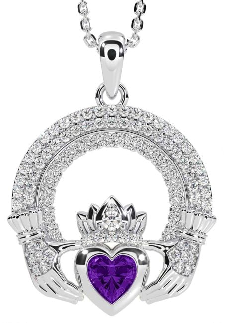 Diamond Amethyst Silver Claddagh Celtic Trinity Knot Necklace