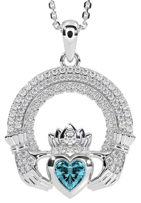 Diamond Aquamarine Silver Claddagh Celtic Trinity Knot Necklace