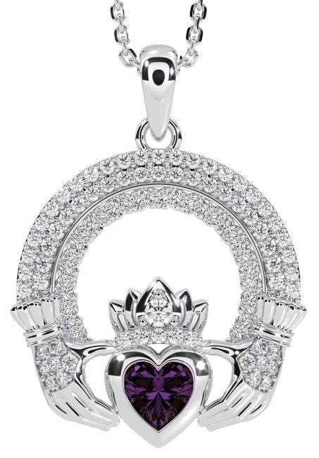 Diamond Alexandrite Silver Claddagh Celtic Trinity Knot Necklace