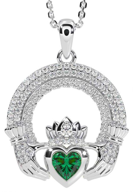 Diamond Emerald Silver Claddagh Celtic Trinity Knot Necklace