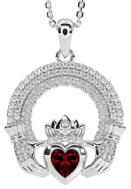 Diamond Garnet Silver Claddagh Celtic Trinity Knot Necklace