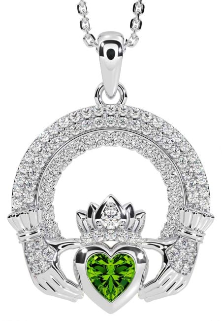 Diamond Peridot Silver Claddagh Celtic Trinity Knot Necklace