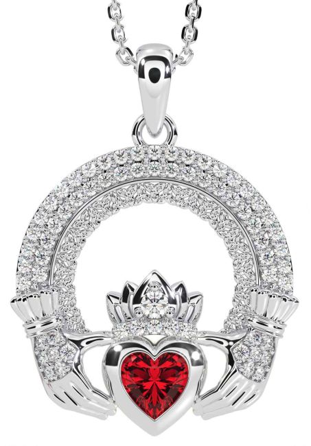 Diamond Ruby Silver Claddagh Celtic Trinity Knot Necklace
