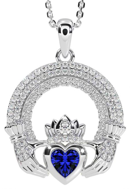 Diamond Sapphire Silver Claddagh Celtic Trinity Knot Necklace