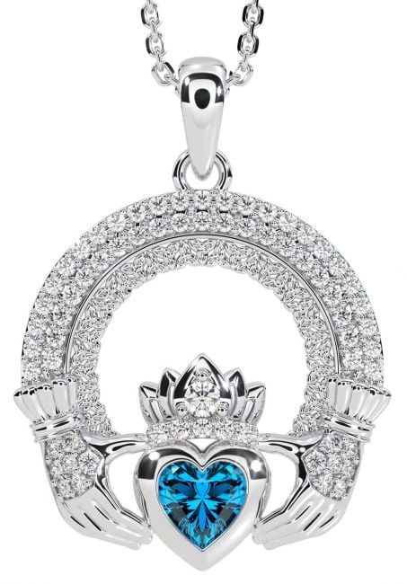 Diamond Topaz Silver Claddagh Celtic Trinity Knot Necklace