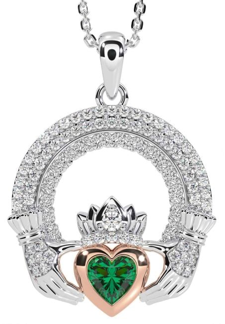 Diamond Emerald Rose Gold Silver Claddagh Celtic Trinity Knot Necklace