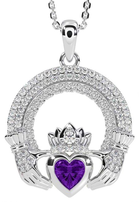 Diamond Amethyst White Gold Claddagh Celtic Trinity Knot Necklace