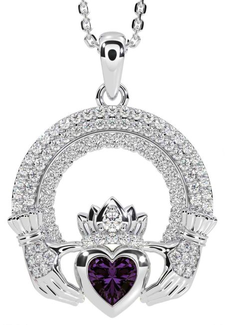 Diamond Alexandrite White Gold Claddagh Celtic Trinity Knot Necklace